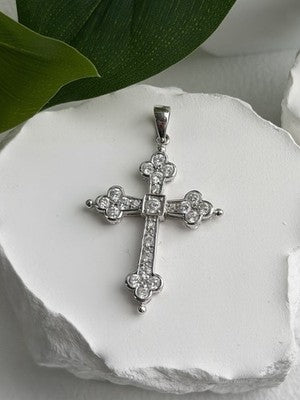 925 Sterling Silver Cz Cross Length 1.9 in