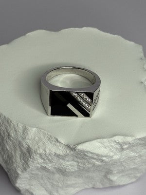 925 Sterling Silver Black Enamel & CZ Men'S Ring Size 11