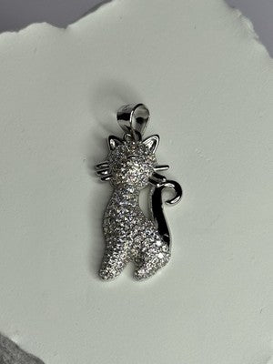 925 Sterling Silver Cat CZ Pendant Length 1.3 Inch