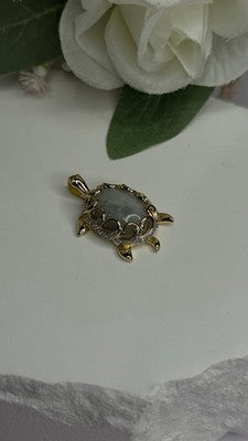 925 Sterling Silver Gold Plated Turtle Green Jade Pendant