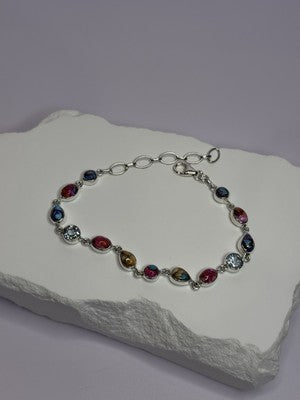 925 Sterling Silver Oyster Turquoise & Topaz Bracelet Length 6-8 Inch