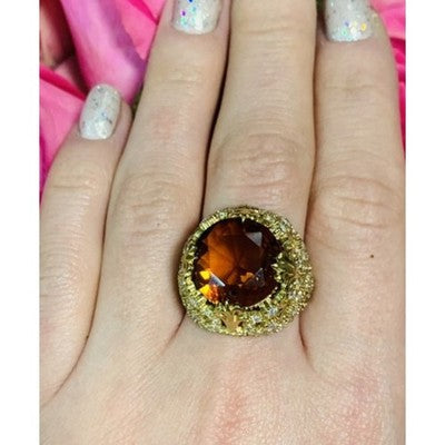 925 Sterling Silver Gold Plated Orange Alpanite & CZ Ring Size 10.25