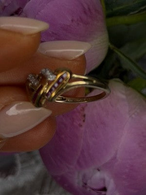 10K Yellow Gold Ruby Diamond Hearts Ring Size 7
