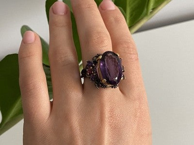 Blackened 925 Sterling Silver With Gilding Amethyst Ring Size 9