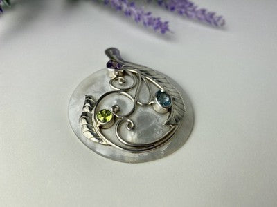925 Sterling Silver Topaz, Amethyst, Peridot, Mother OF Pearl Pendant