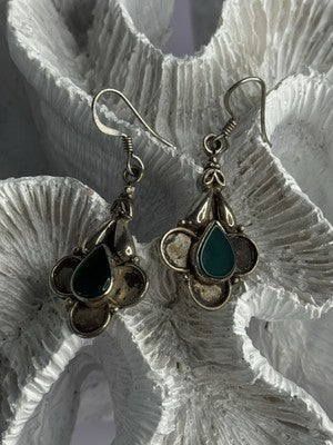 Vintage 925 Sterling Silver Malachite Earrings Length 1.70 Inch