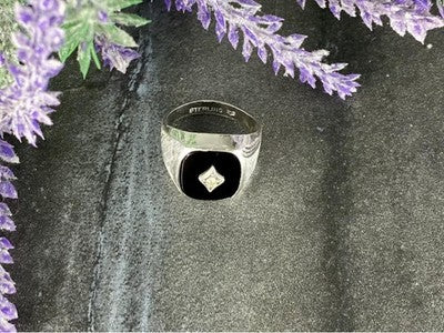 925 Sterling Silver Black Nephrite & CZ Ring Size 9