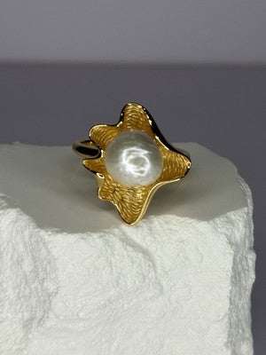 925 Sterling Silver  Gold Plated Pearl  "Ocean Mood" Ring Size Adjustable