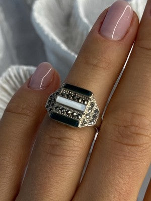 925 Sterling Silver Jade Abalone Marcasite Ring Size 6
