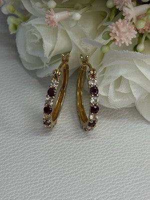 925 Sterling Silver Gold Plated Ruby & Beryl Earrings Length 1.10 Inch