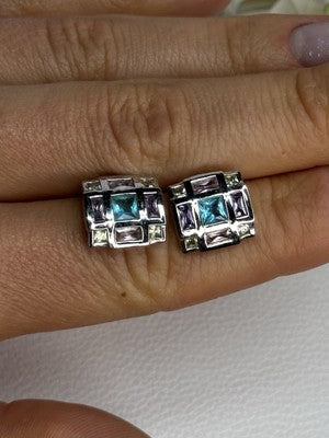 925 Sterling Silver Multicolor Spinel Earrings Length 0.46 Inch