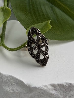 Vintage Filigree 925 Sterling Silver Marcasite Ring Size 6