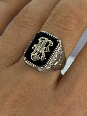 10K WHITE GOLD VINTAGE ART DECO BLACK ONYX RING SIZE 8