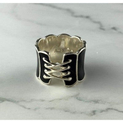 925 Sterling Silver Black Enamel "Corset" Ring Size 7