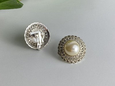 Vintage 925 Sterling Silver Pearl & Marcasites Clip-On Earrings
