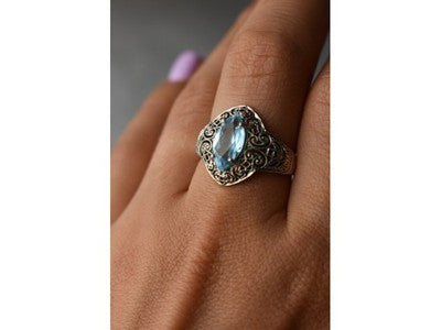 925 Sterling Silver Blue Spinel Openwork Ring Size 8.5