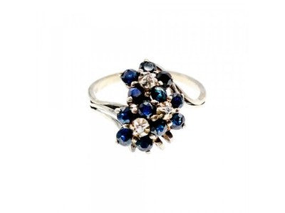925 Sterling Silver Sapphire & CZ "Flowers" Ring Size 6.75