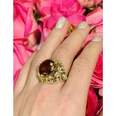 925 Sterling Silver Gold Plated Orange Alpanite & CZ Ring Size 10.25