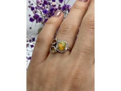 925 Sterling Silver Opal, Heliodor & CZ Ring Size 6