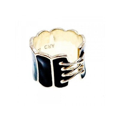 925 Sterling Silver Black Enamel "Corset" Ring Size 7