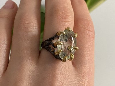 925 Blackened Silver With Gilding Green Amethyst & Heliodor Ring Size 9.75