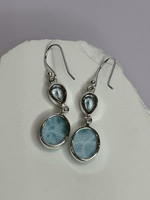 925 Sterling Silver Larimar & Topaz Earrings Length 1.7 Inch