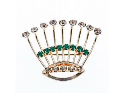 Vintage 925 Sterling Silver White & Green Jewelry Glass "Fan" Brooch
