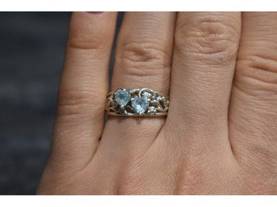 925 Sterling Silver Blue Spinel "Hearts" Ring Size 6.5
