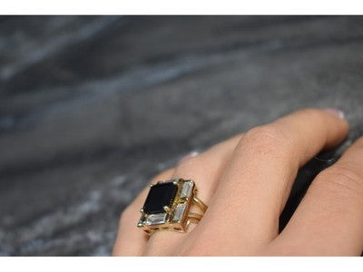 925 Sterling Silver Gold Plated Jewelry Glass & CZ Ring Size 6.5