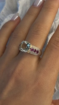 925 Sterling Silver Cushion-Cut Aquamarine & Pink Tourmaline Ring Size 9