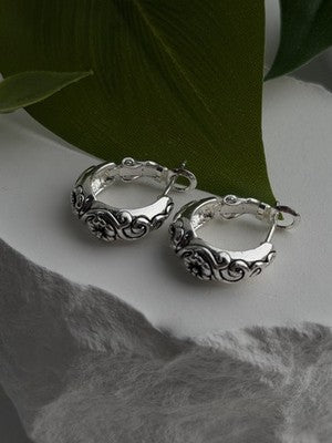Vintage Floral Hoop Engraved Boho Western 925 Sterling Silver Earrings