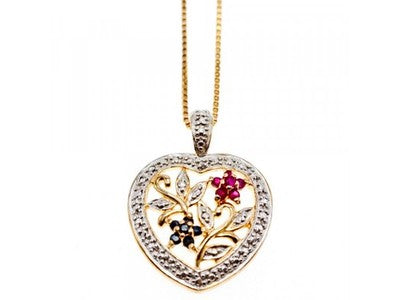 925 Sterling Silver Gold Plated Rubies & Sapphires Chain With Pendant Italy