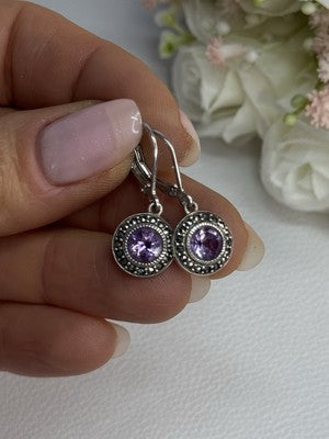 925 Sterling Silver Amethyst & Marcasite Earrings Length 1.12 Inch