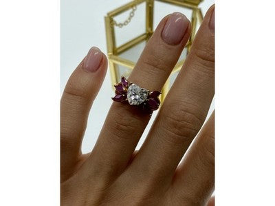 925 Sterling Silver Gold Plated Spinel & CZ "Heart" Ring Size 5.5