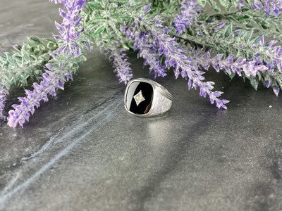 925 Sterling Silver Black Nephrite & CZ Ring Size 9