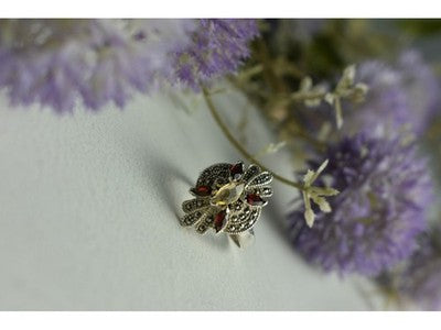 925 Sterling Silver Heliodor, Almandine & Marcasites Ring Size 8