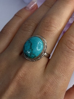 Vintage 925 Sterling Silver Turquoise Ring Size-Able
