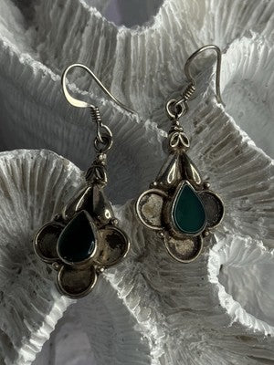 Vintage 925 Sterling Silver Malachite Earrings Length 1.70 Inch