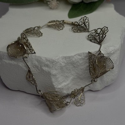 925 Sterling Silver Filigree Delicate Design Hearts & Lilies Bracelet 7