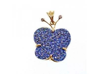 10K Yellow Gold Druzy Quartz & Diamonds Butterfly Pendant