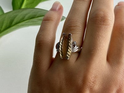925 Sterling Silver Golden Tourmaline & Quartz Ring Size 6.5
