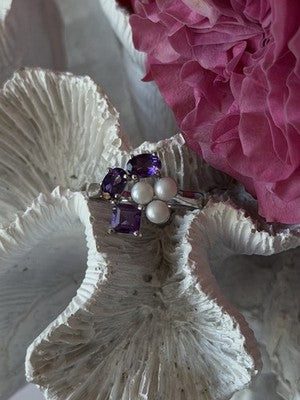 925 Sterling Silver Amethyst & Pearl Ring Size 8