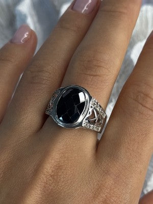 925 Sterling Silver Onyx & Beryl Ring Size 9