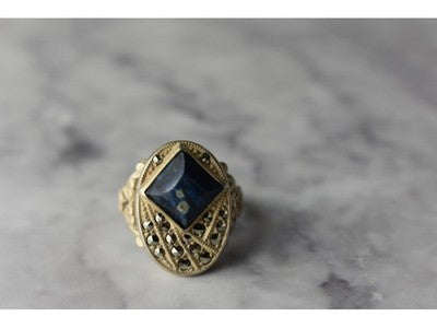 925 Sterling Silver Sodalite & Marcasites Ring Size 6