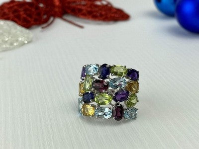 925 Sterling Silver Multi Gemstones Ring Size 6.5