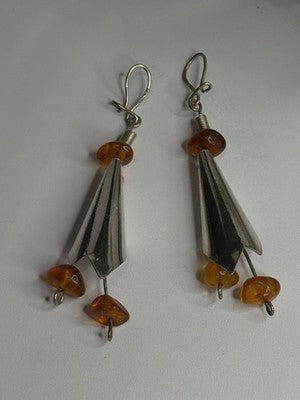 Vintage Unique Design Dangle 925 Sterling Silver Amber Earrings