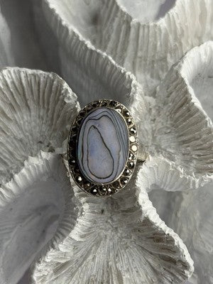 925 Sterling Silver Abalone & Marcasite Ring Size 9