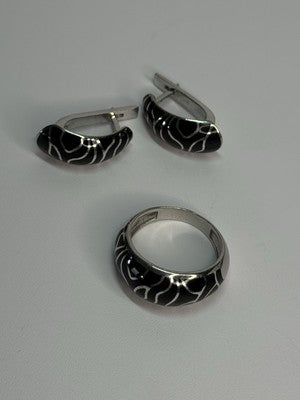 925 Sterling Silver Enamel Ring & Earrings Set Size 9