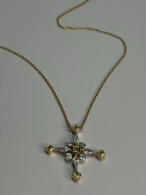 18K 750 YELLOW GOLD YELLOW & WHITE DIAMONDS 6.26 CT CROSSNECKLACE LENGTH 18 INCH