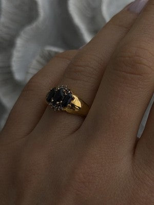 925 Sterling Silver Gold Plated Dark Blue Sapphire & Diamond Ring Size 7.5